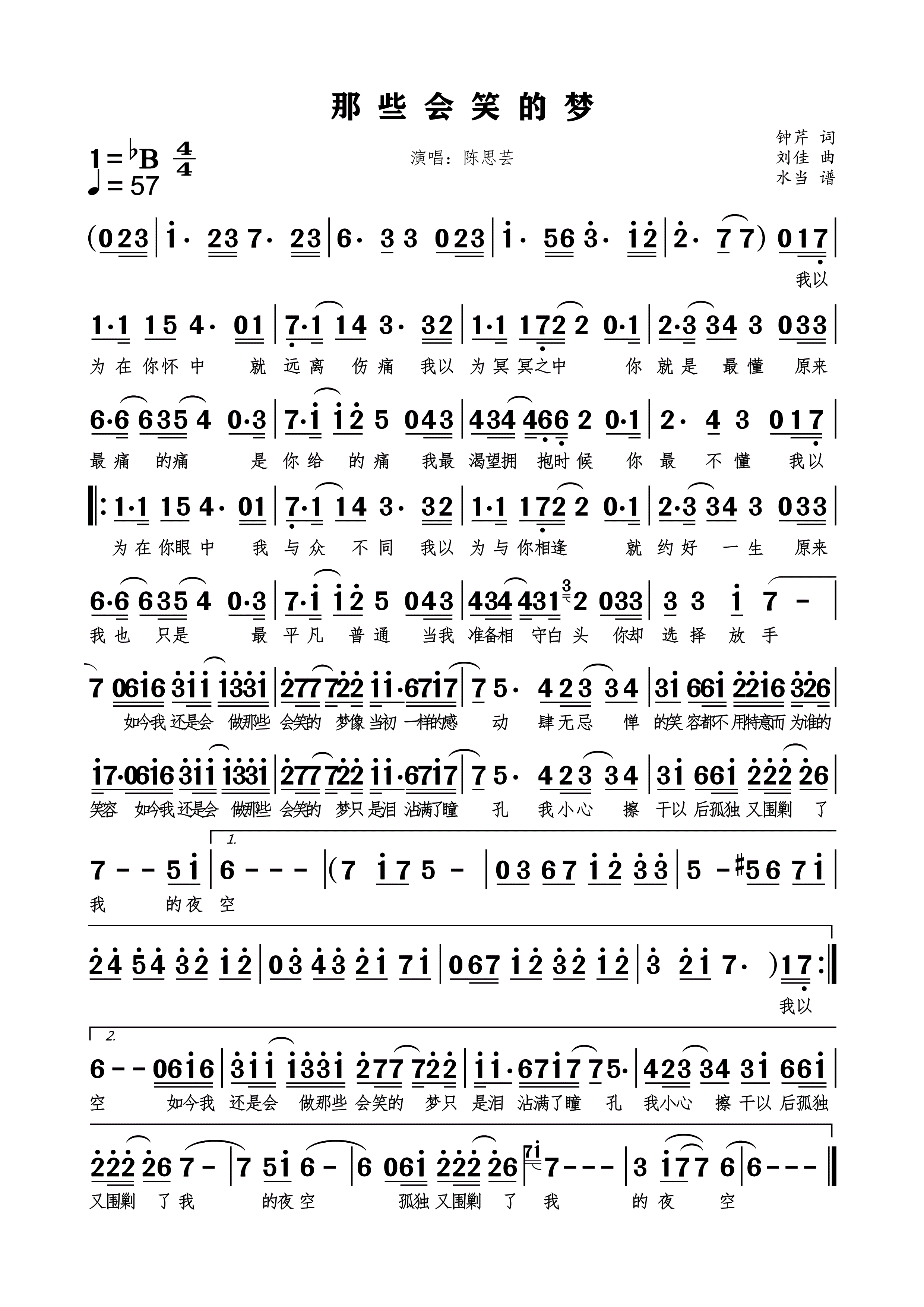 那些会笑的梦简谱下载演唱陈思芸钟芹作词刘佳作曲附歌词